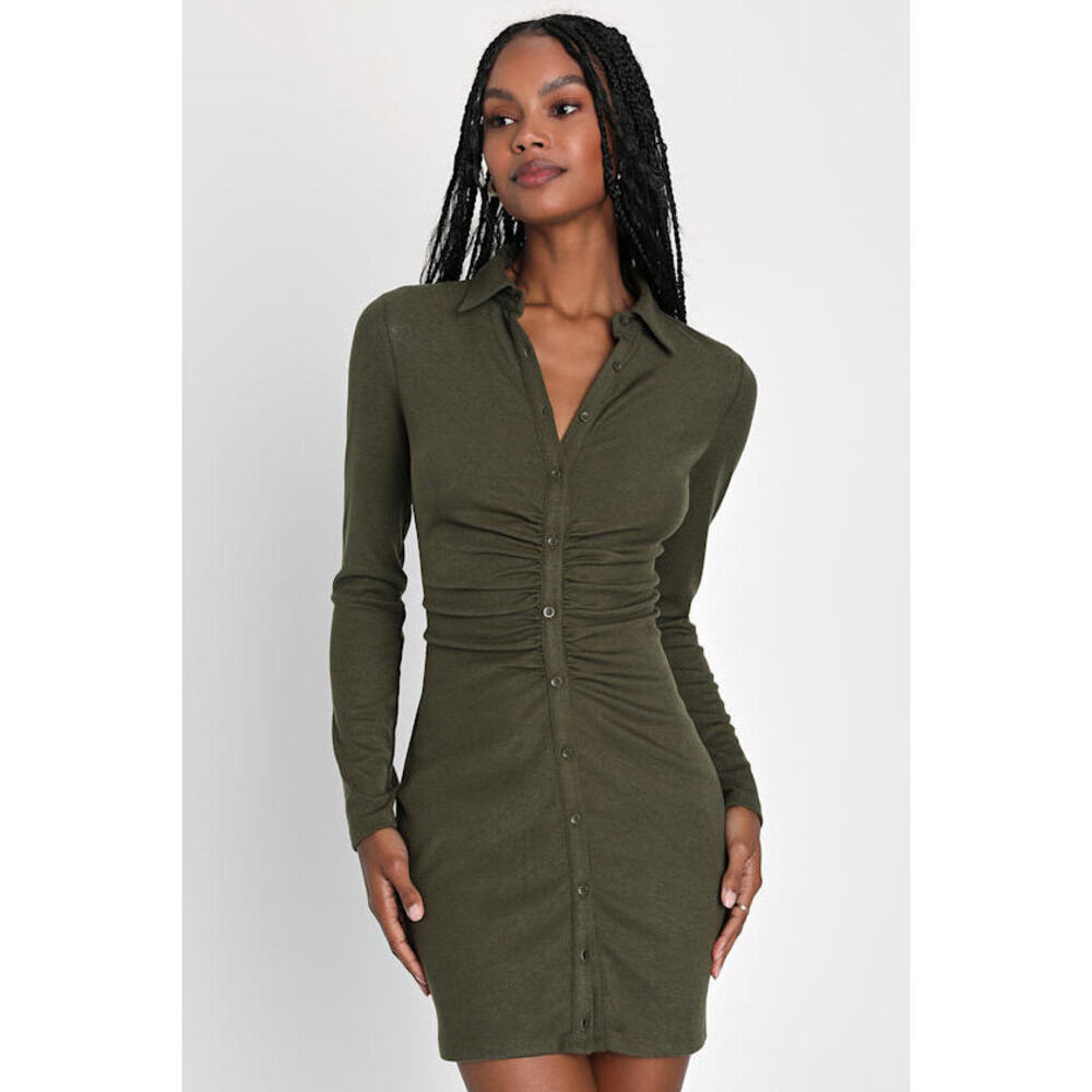 Lulus A Little Prep Olive Green Button-up Bodycon Mini Dress - Size XL